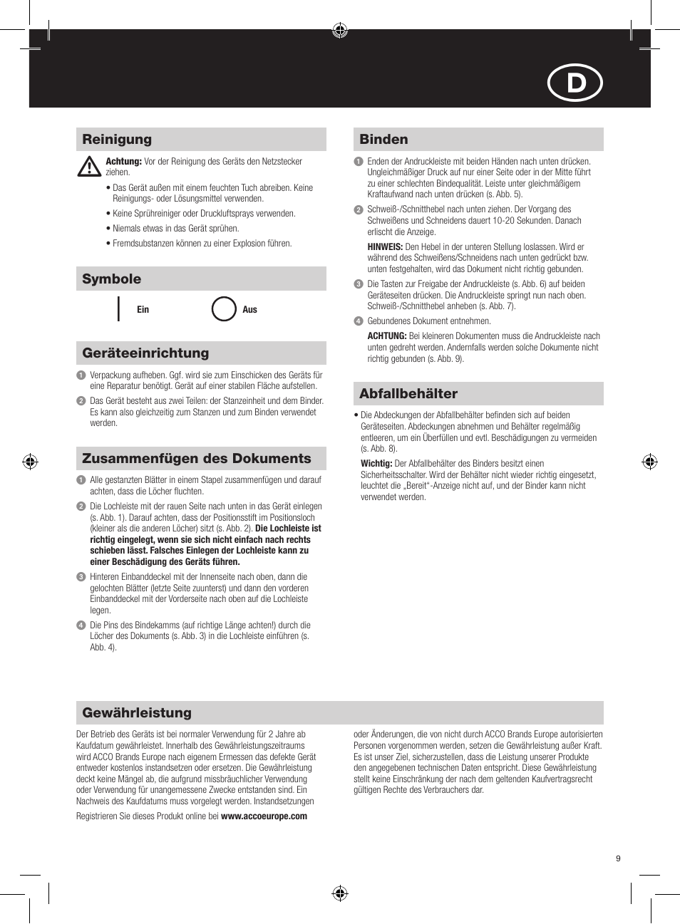 Reinigung gewährleistung, Symbole geräteeinrichtung, Zusammenfügen des dokuments | Binden, Abfallbehälter | GBC 500 electric User Manual | Page 9 / 62