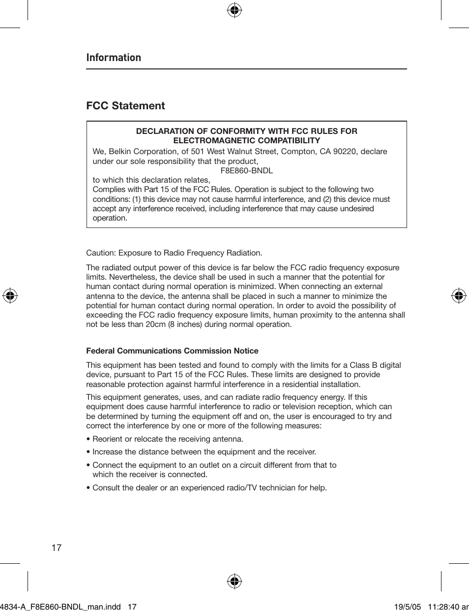 Information, Fcc statement | Belkin Wireless Desktop 280 F8E860-BNDL User Manual | Page 20 / 21