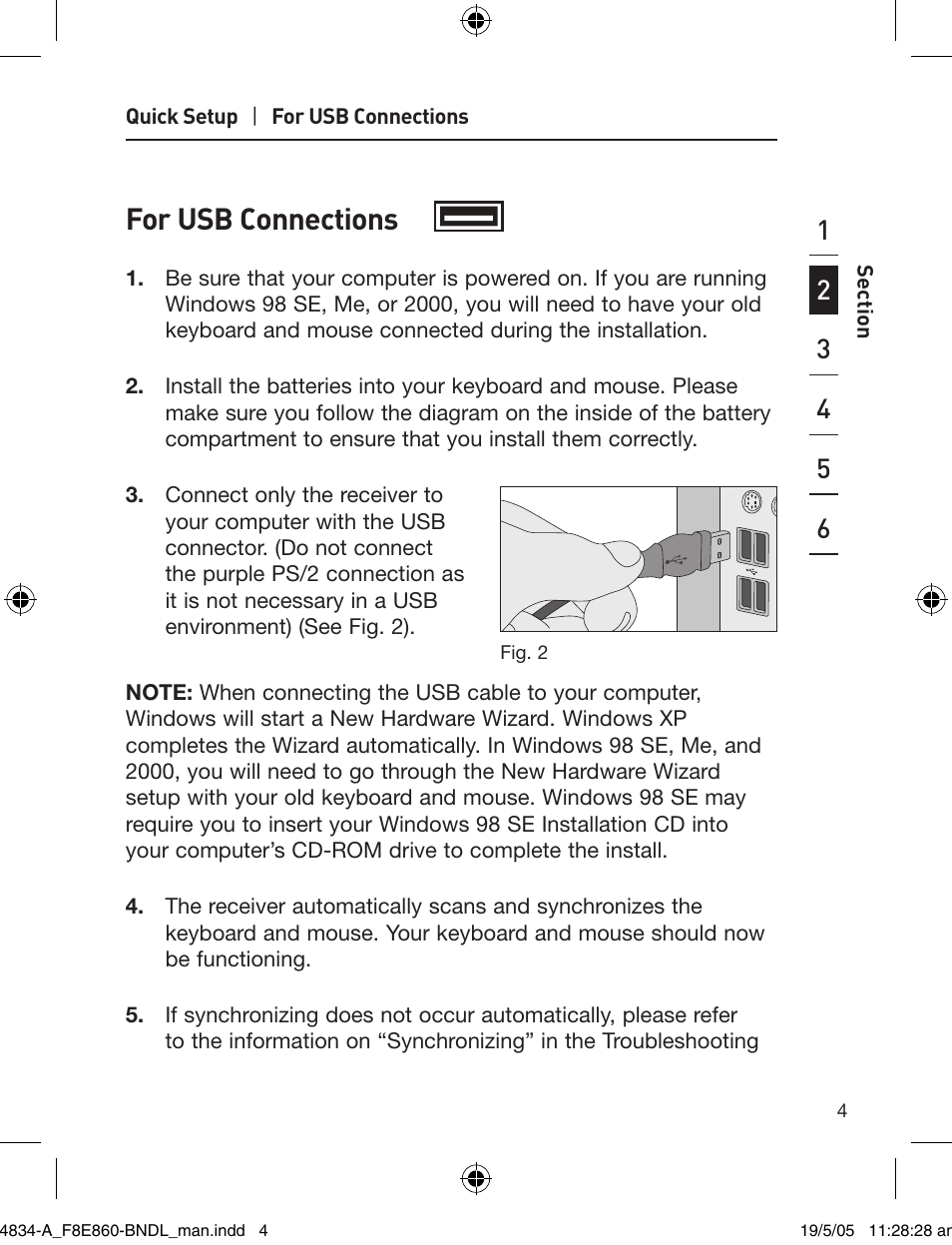 For usb connections | Belkin Wireless Desktop 280 F8E860-BNDL User Manual | Page 7 / 21