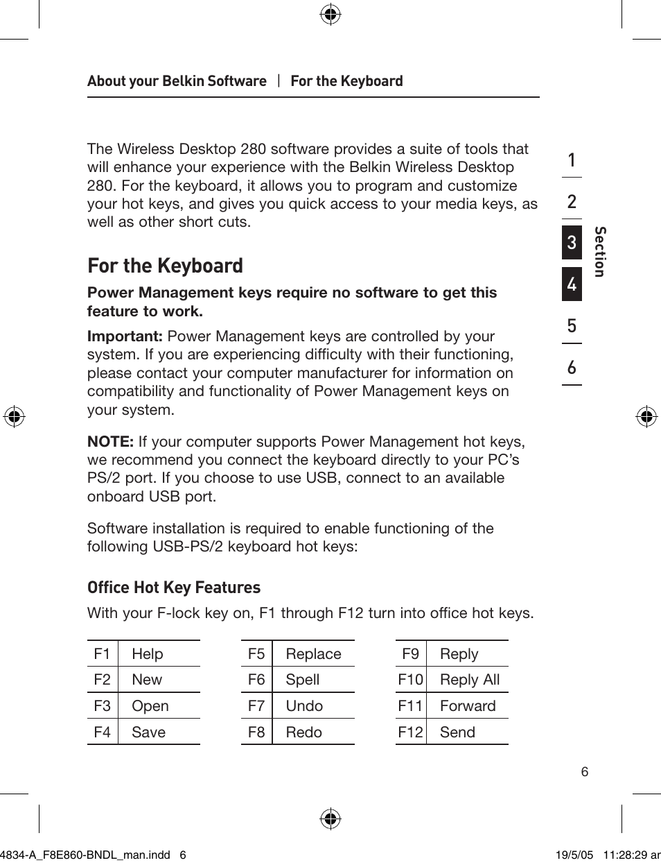 For the keyboard | Belkin Wireless Desktop 280 F8E860-BNDL User Manual | Page 9 / 21