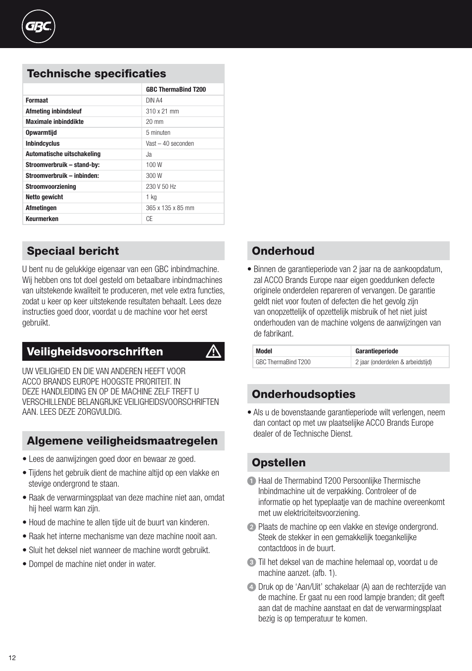 Technische specificaties, Algemene veiligheidsmaatregelen, Onderhoud | Onderhoudsopties, Opstellen, Speciaal bericht, Veiligheidsvoorschriften | GBC T200 Thermal Binder User Manual | Page 12 / 38