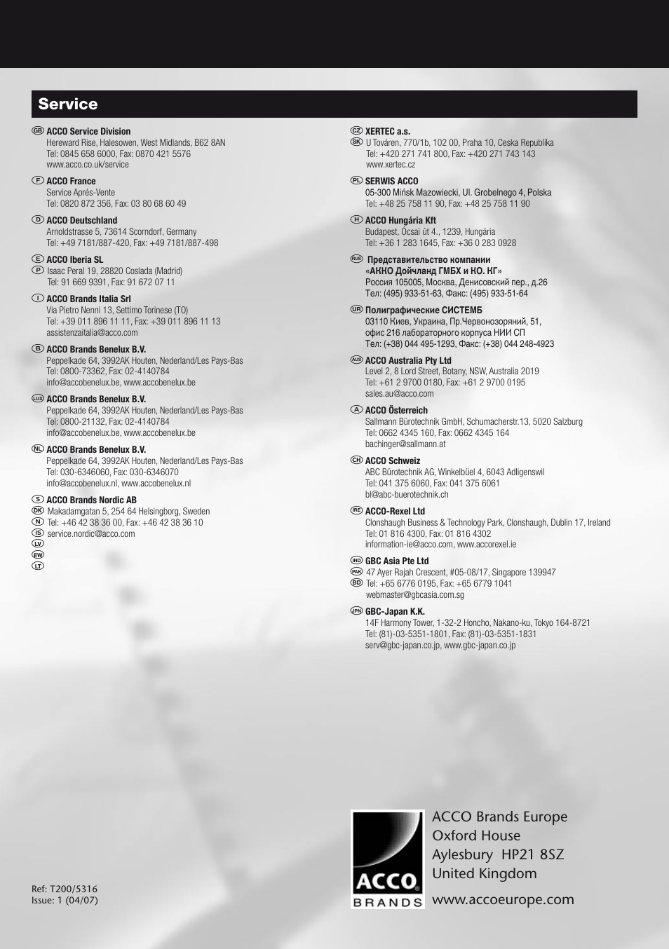 Service | GBC T200 Thermal Binder User Manual | Page 38 / 38