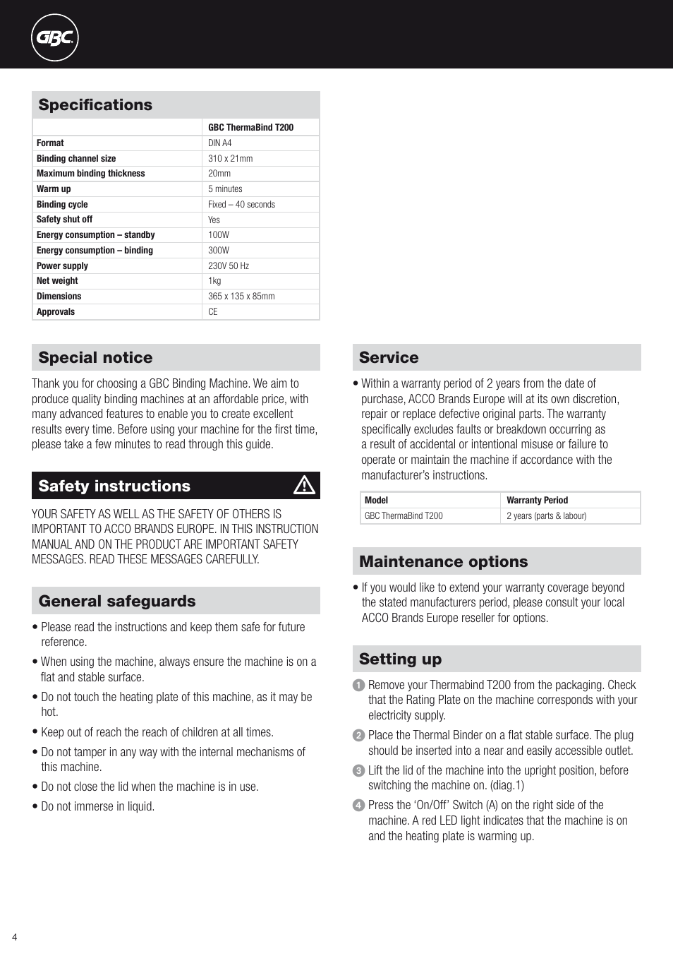 Special notice, Specifications, Safety instructions | General safeguards, Service, Maintenance options, Setting up | GBC T200 Thermal Binder User Manual | Page 4 / 38