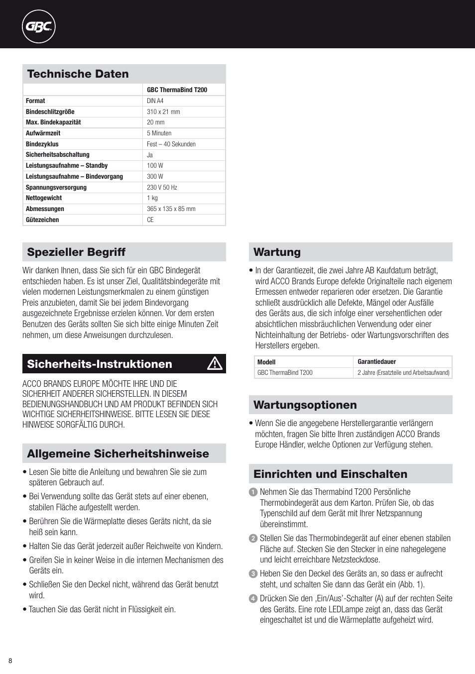 Technische daten, Allgemeine sicherheitshinweise, Wartung | Wartungsoptionen, Einrichten und einschalten, Spezieller begriff, Sicherheits-instruktionen | GBC T200 Thermal Binder User Manual | Page 8 / 38