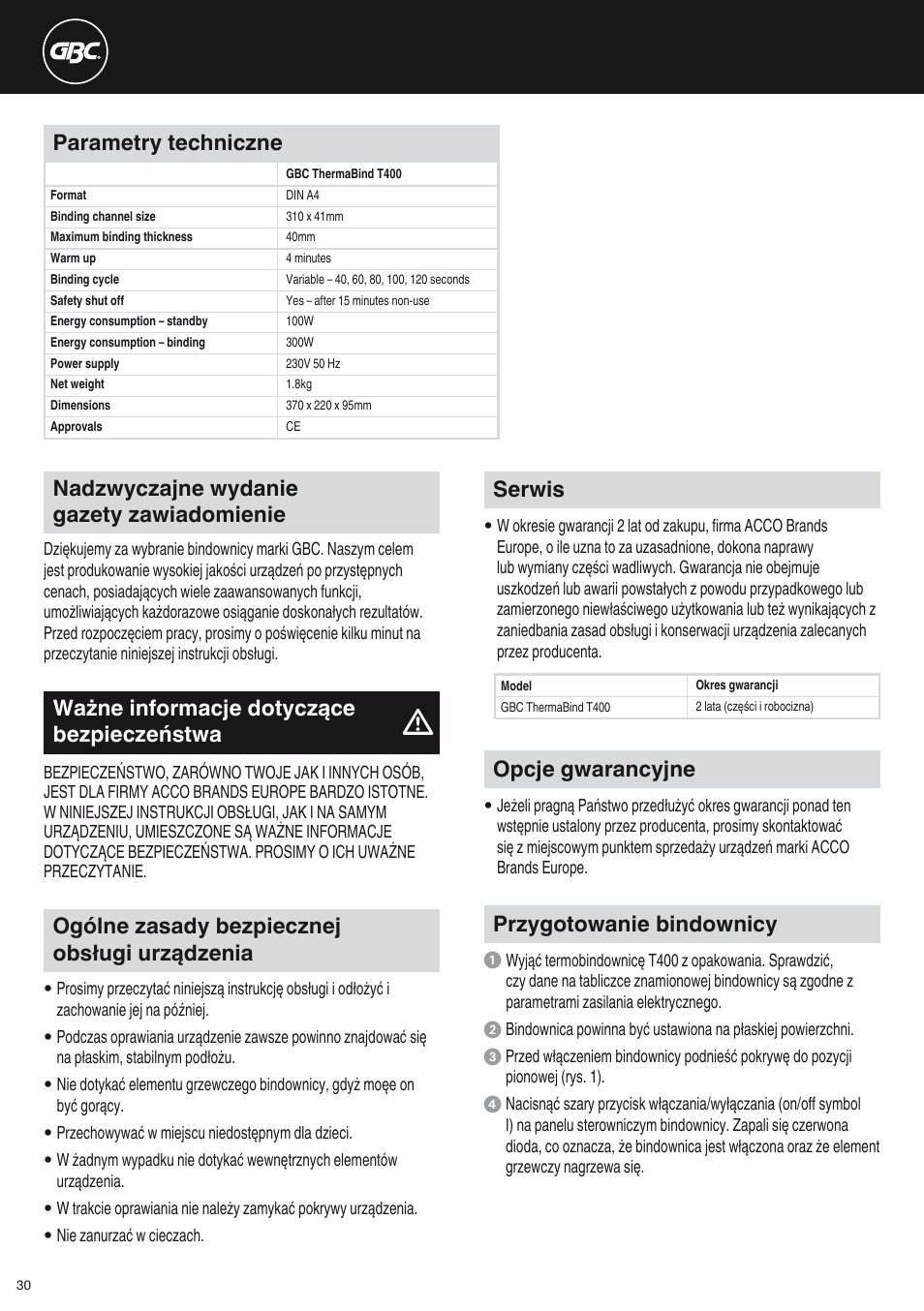 Parametry techniczne, Serwis, Opcje gwarancyjne | Przygotowanie bindownicy, Ogólne zasady bezpiecznej obsługi urządzenia | GBC T400 Thermal Binder User Manual | Page 30 / 38