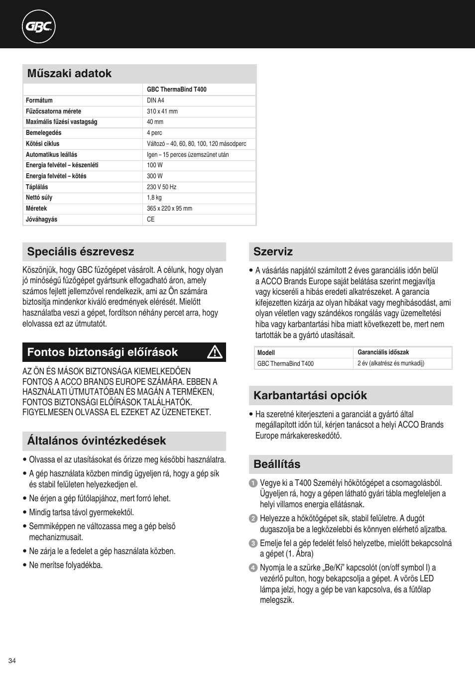 Műszaki adatok, Általános óvintézkedések, Szerviz | Karbantartási opciók, Beállítás, Speciális észrevesz, Fontos biztonsági előírások | GBC T400 Thermal Binder User Manual | Page 34 / 38