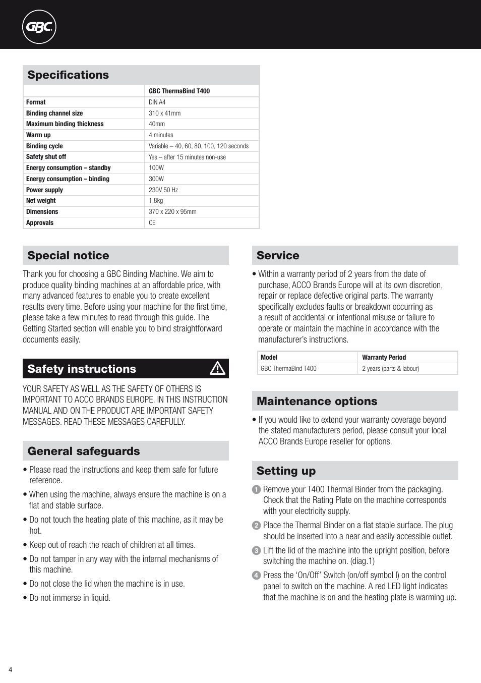 Special notice, Specifications, Safety instructions | General safeguards, Service, Maintenance options, Setting up | GBC T400 Thermal Binder User Manual | Page 4 / 38