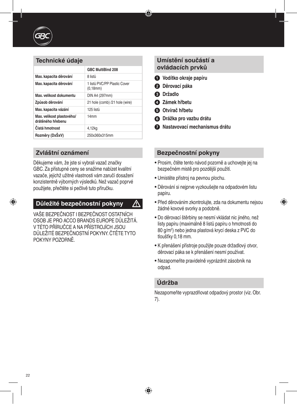 GBC 208 MultiBind User Manual | Page 22 / 30