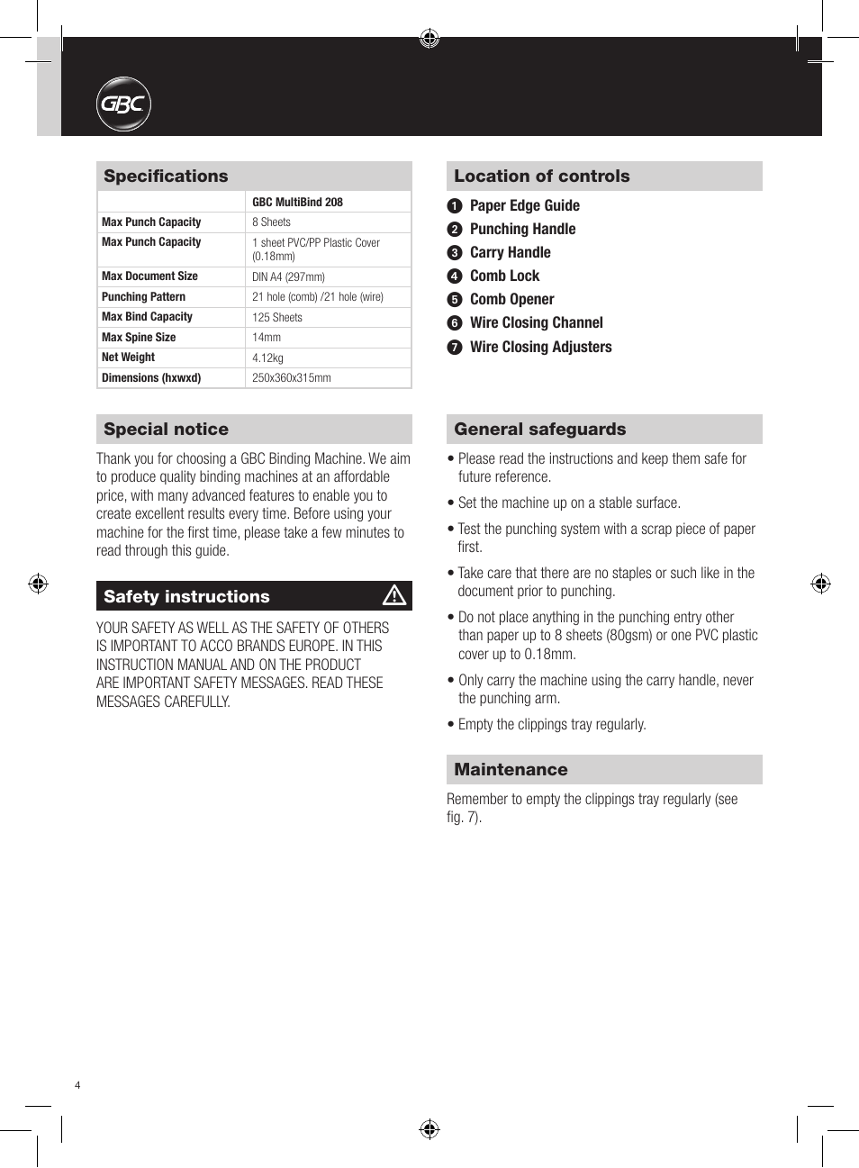 GBC 208 MultiBind User Manual | Page 4 / 30