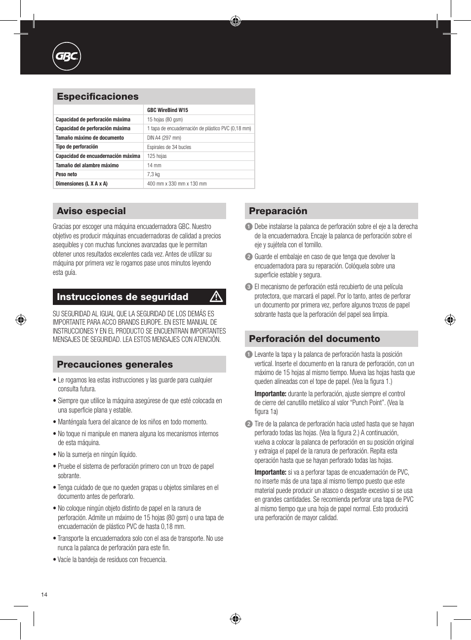 Aviso especial, Especificaciones, Precauciones generales | Preparación, Perforación del documento, Instrucciones de seguridad | GBC W15 WireBind User Manual | Page 14 / 30