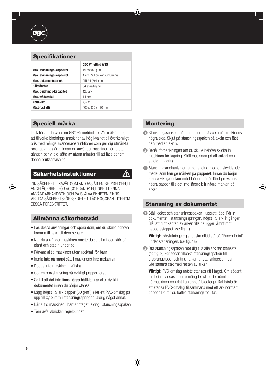 Speciell märka, Specifikationer, Allmänna säkerhetsråd | Montering, Stansning av dokumentet, Säkerhetsinstuktioner | GBC W15 WireBind User Manual | Page 18 / 30