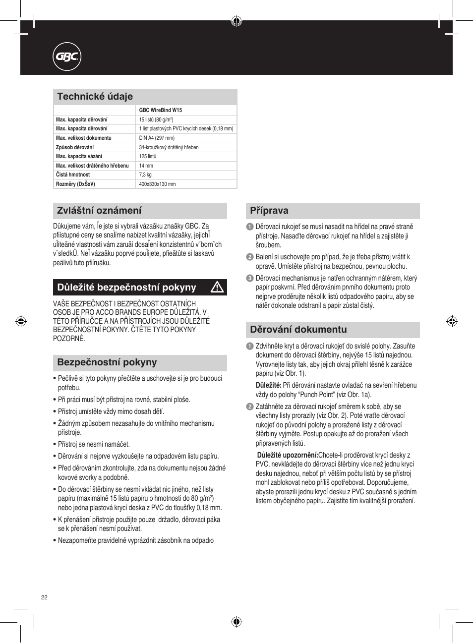 Zvláštní oznámení, Bezpečnostní pokyny, Příprava | Děrování dokumentu, Technické údaje, Důležité bezpečnostní pokyny | GBC W15 WireBind User Manual | Page 22 / 30
