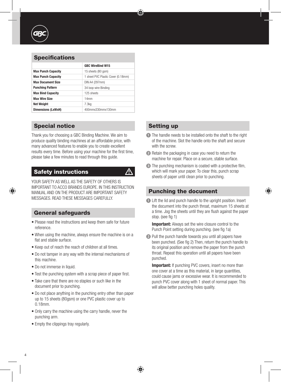 GBC W15 WireBind User Manual | Page 4 / 30