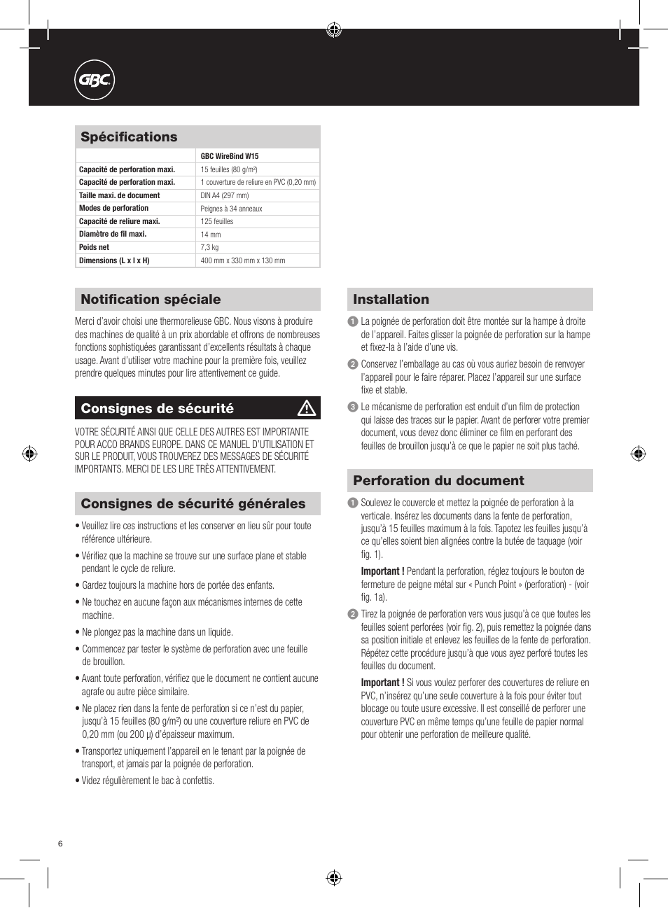 Notification spéciale, Spécifications, Consignes de sécurité générales | Installation, Perforation du document, Consignes de sécurité | GBC W15 WireBind User Manual | Page 6 / 30