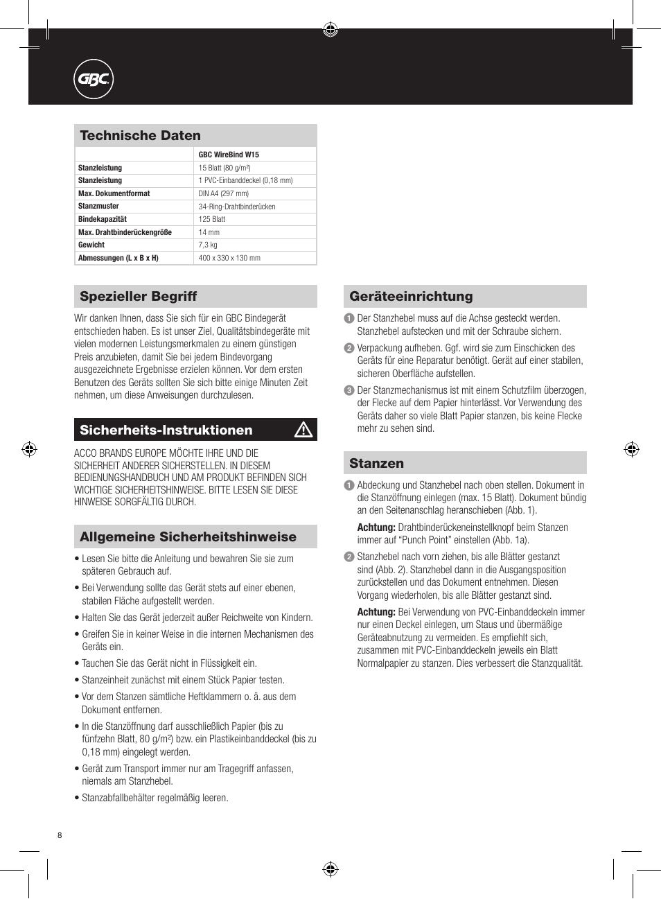 Spezieller begriff, Technische daten, Allgemeine sicherheitshinweise | Geräteeinrichtung, Stanzen, Sicherheits-instruktionen | GBC W15 WireBind User Manual | Page 8 / 30
