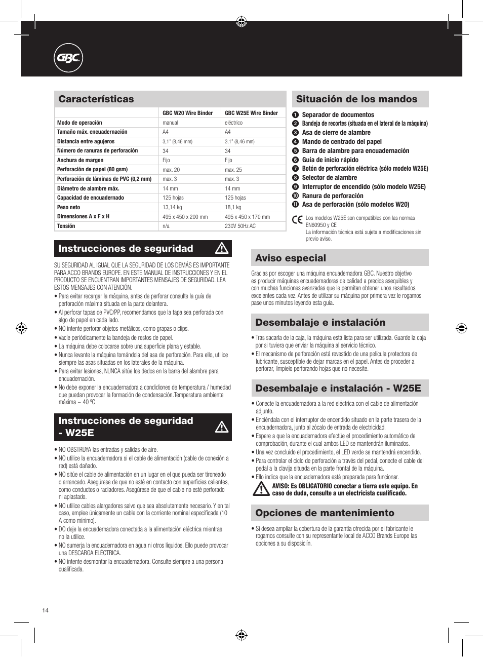 Situación de los mandos, Características, Aviso especial | Opciones de mantenimiento, Instrucciones de seguridad, Desembalaje e instalación, Instrucciones de seguridad - w25e, Desembalaje e instalación - w25e | GBC W25E WireBind User Manual | Page 14 / 38