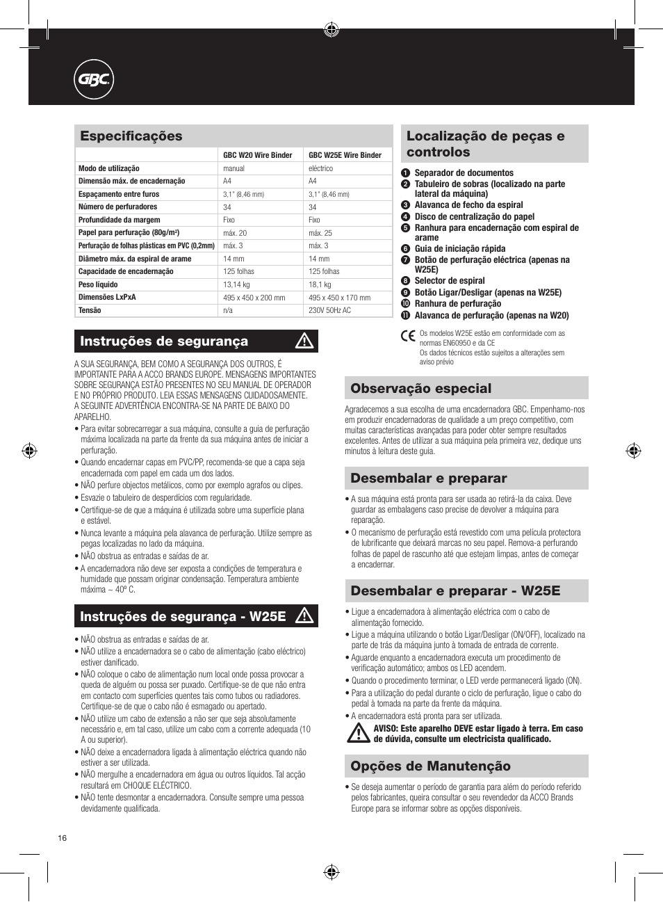 Localização de peças e controlos, Especificações, Observação especial | Opções de manutenção, Instruções de segurança, Desembalar e preparar, Instruções de segurança - w25e, Desembalar e preparar - w25e | GBC W25E WireBind User Manual | Page 16 / 38