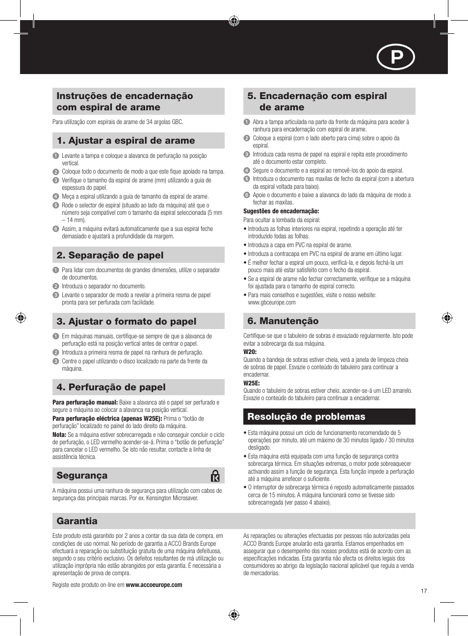 Instruções de encadernação com espiral de arame, Ajustar a espiral de arame, Encadernação com espiral de arame | Garantia, Resolução de problemas, Separação de papel, Ajustar o formato do papel, Perfuração de papel, Manutenção, Segurança | GBC W25E WireBind User Manual | Page 17 / 38
