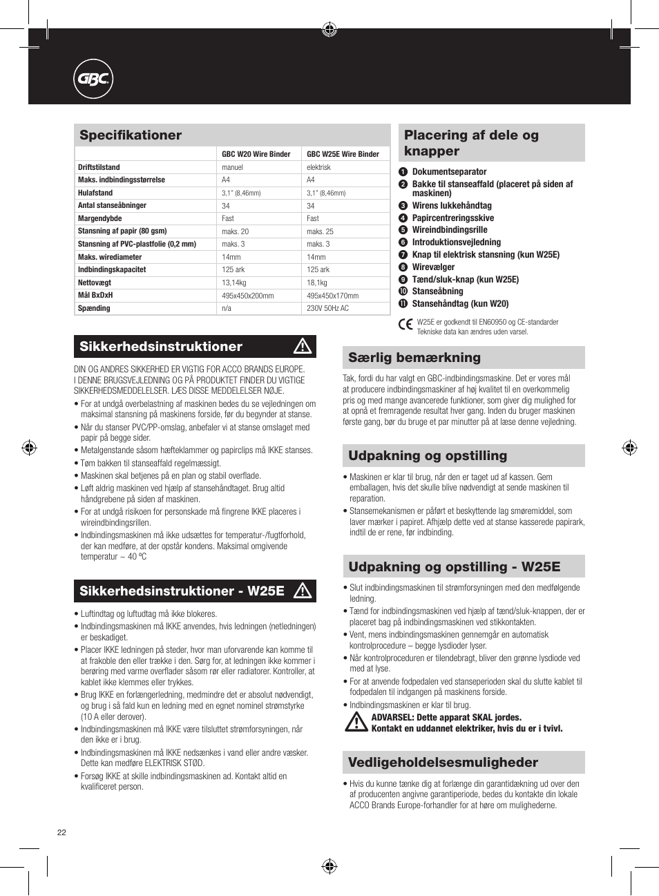 Placering af dele og knapper, Specifikationer, Særlig bemærkning | Vedligeholdelsesmuligheder, Sikkerhedsinstruktioner, Udpakning og opstilling, Sikkerhedsinstruktioner - w25e, Udpakning og opstilling - w25e | GBC W25E WireBind User Manual | Page 22 / 38
