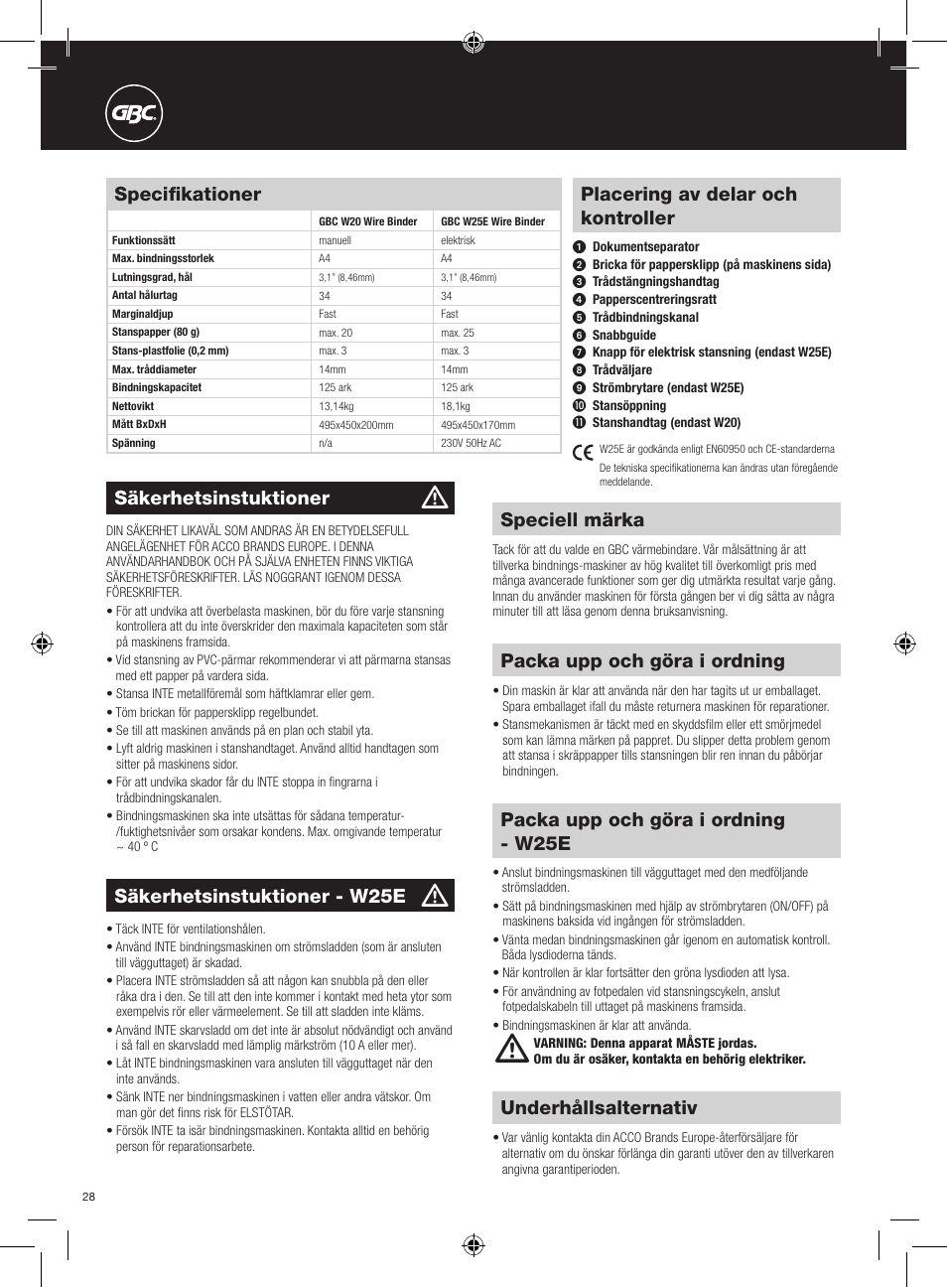 Placering av delar och kontroller, Specifikationer, Speciell märka | Underhållsalternativ, Säkerhetsinstuktioner, Packa upp och göra i ordning, Säkerhetsinstuktioner - w25e, Packa upp och göra i ordning - w25e | GBC W25E WireBind User Manual | Page 28 / 38