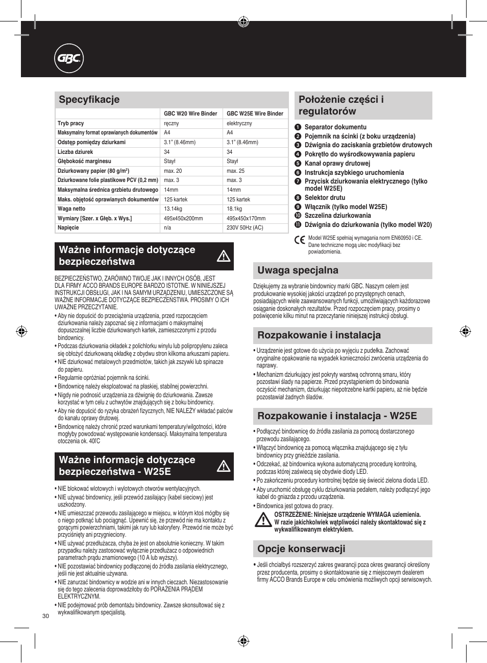 Położenie części i regulatorów, Specyfikacje, Opcje konserwacji | Rozpakowanie i instalacja, Rozpakowanie i instalacja - w25e, Ważne informacje dotyczące bezpieczeństwa - w25e | GBC W25E WireBind User Manual | Page 30 / 38