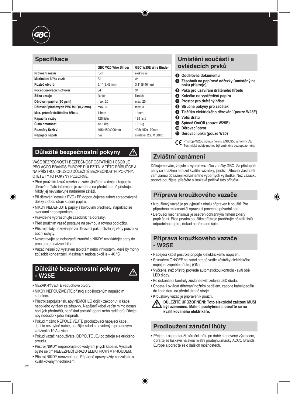 Umístění součástí a ovládacích prvků, Specifikace, Zvláštní oznámení | Prodloužení záruční lhůty, Důležité bezpečnostní pokyny, Příprava kroužkového vazače, Důležité bezpečnostní pokyny - w25e, Příprava kroužkového vazače - w25e | GBC W25E WireBind User Manual | Page 32 / 38