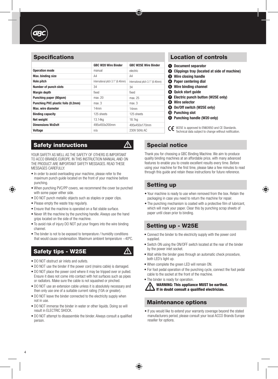 Location of controls, Special notice, Safety instructions | Setting up, Specifications, Safety tips - w25e, Setting up - w25e, Maintenance options | GBC W25E WireBind User Manual | Page 4 / 38