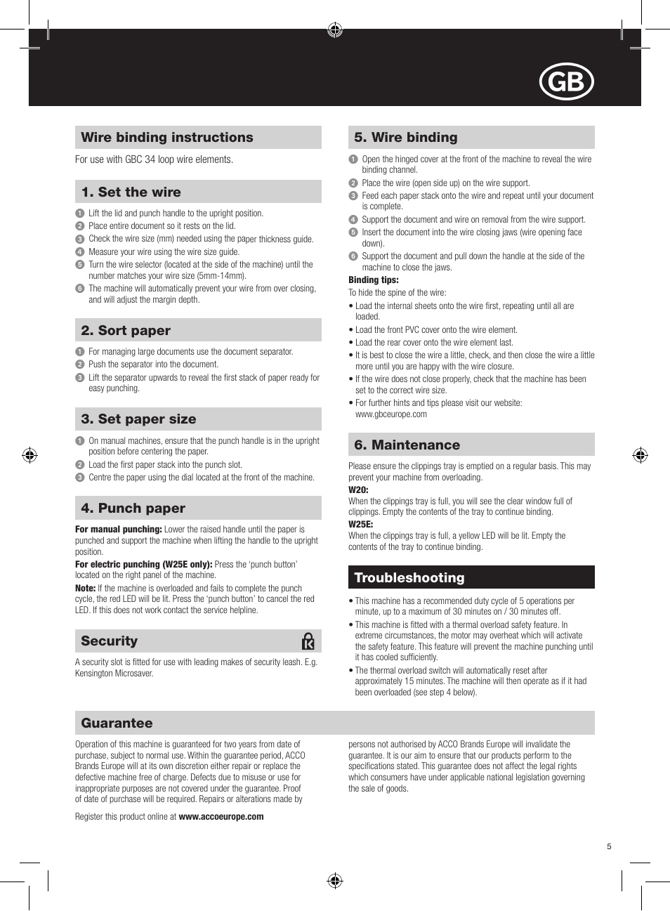 Guarantee, Wire binding instructions, Set the wire | Troubleshooting, Sort paper, Set paper size, Punch paper, Wire binding, Maintenance, Security | GBC W25E WireBind User Manual | Page 5 / 38