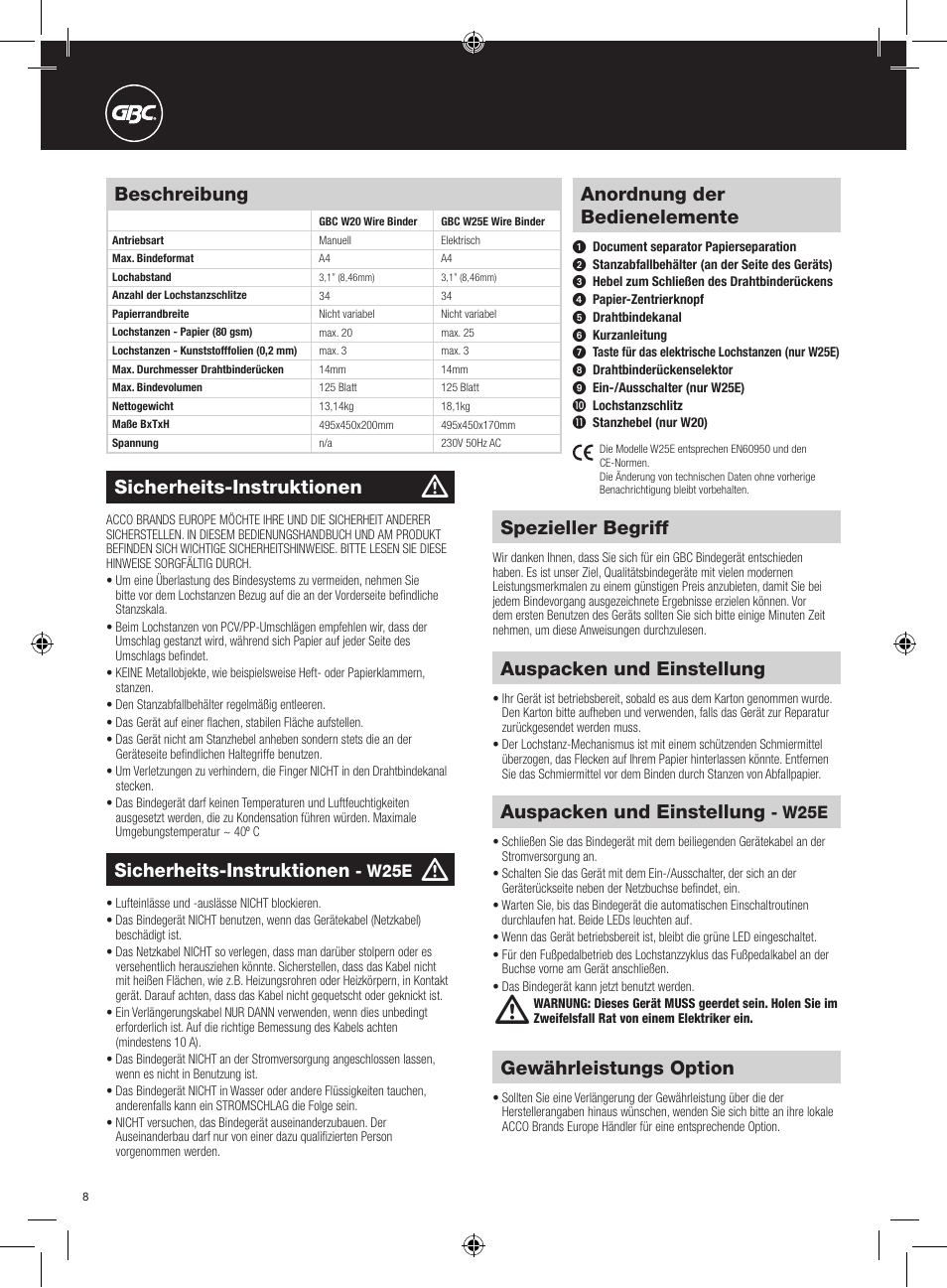 Anordnung der bedienelemente, Beschreibung, Spezieller begriff | Gewährleistungs option, Sicherheits-instruktionen, Auspacken und einstellung | GBC W25E WireBind User Manual | Page 8 / 38