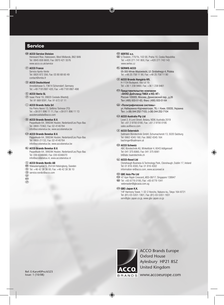 Service | GBC 40Pro E-Karo User Manual | Page 38 / 38