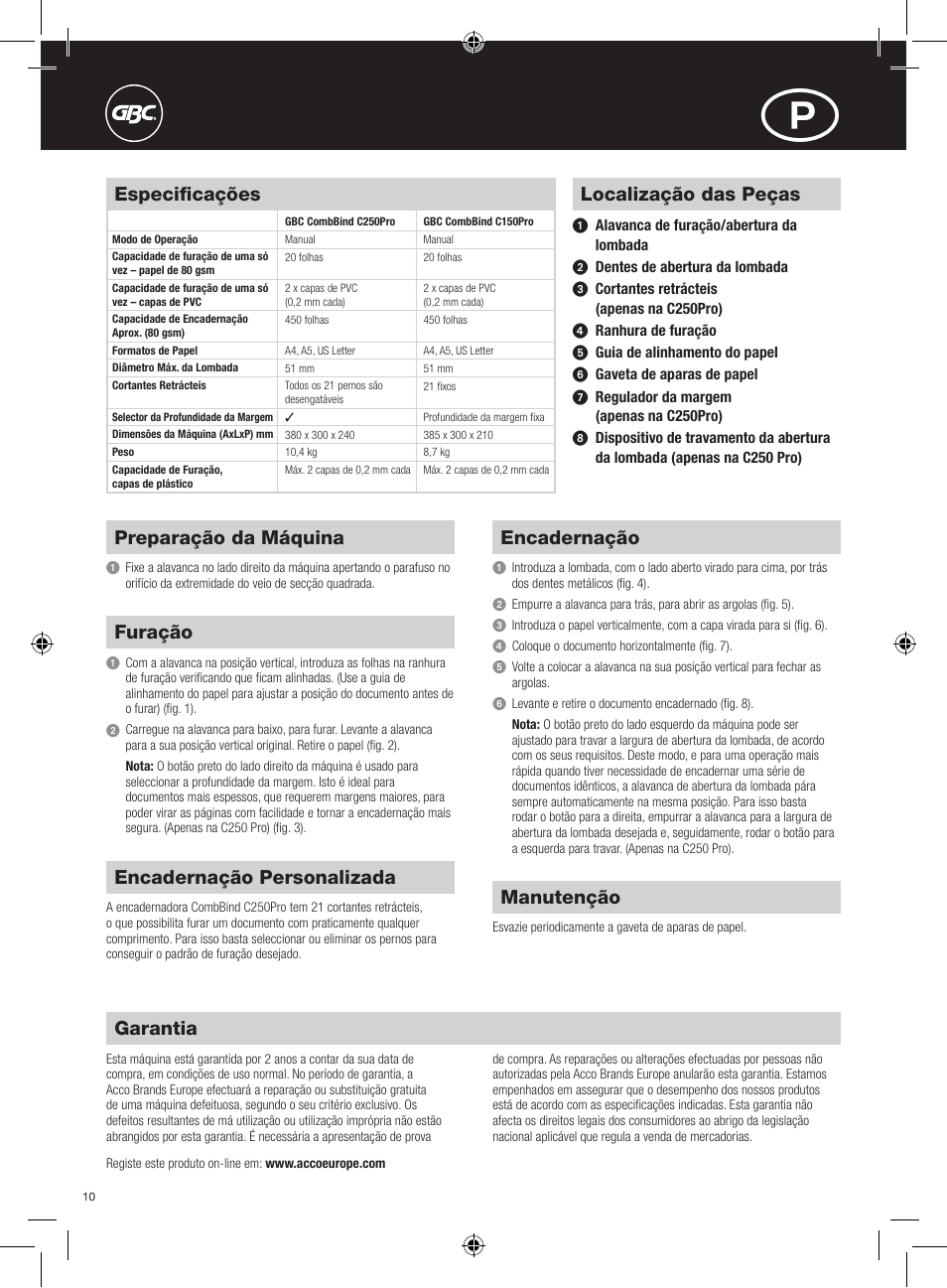 Localização das peças, Preparação da máquina, Furação | Encadernação, Encadernação personalizada, Manutenção, Especificações, Garantia | GBC C250Pro CombBind User Manual | Page 10 / 22