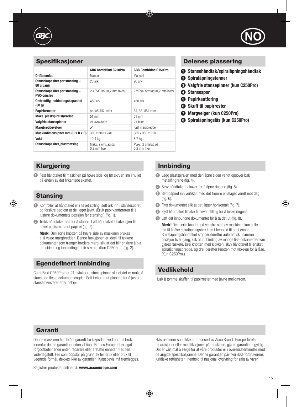 Delenes plassering, Klargjøring, Stansing | Innbinding, Egendefinert innbinding, Vedlikehold, Spesifikasjoner, Garanti | GBC C250Pro CombBind User Manual | Page 15 / 22