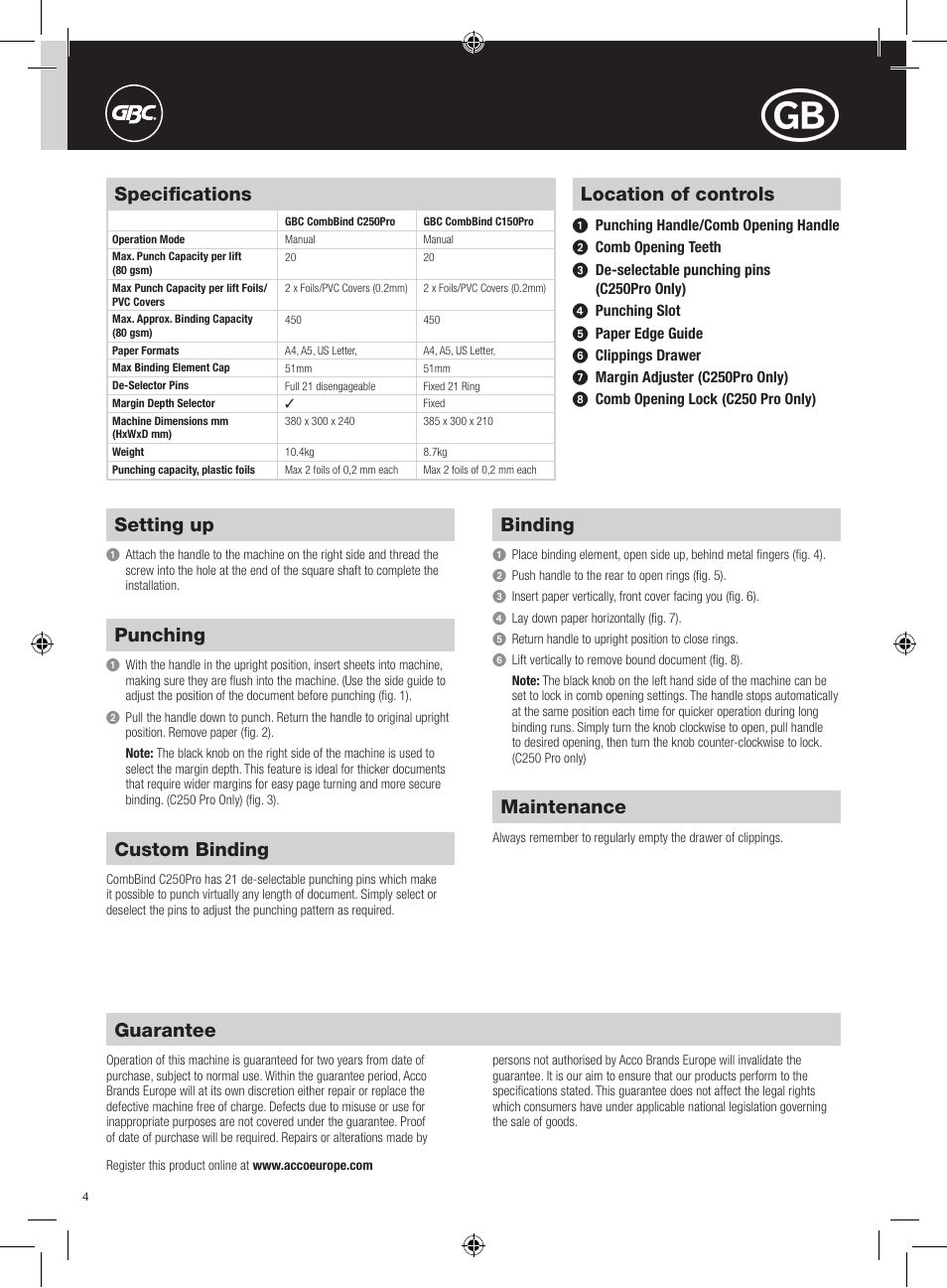 Location of controls, Setting up, Punching | Binding, Custom binding, Maintenance, Guarantee, Specifications | GBC C250Pro CombBind User Manual | Page 4 / 22