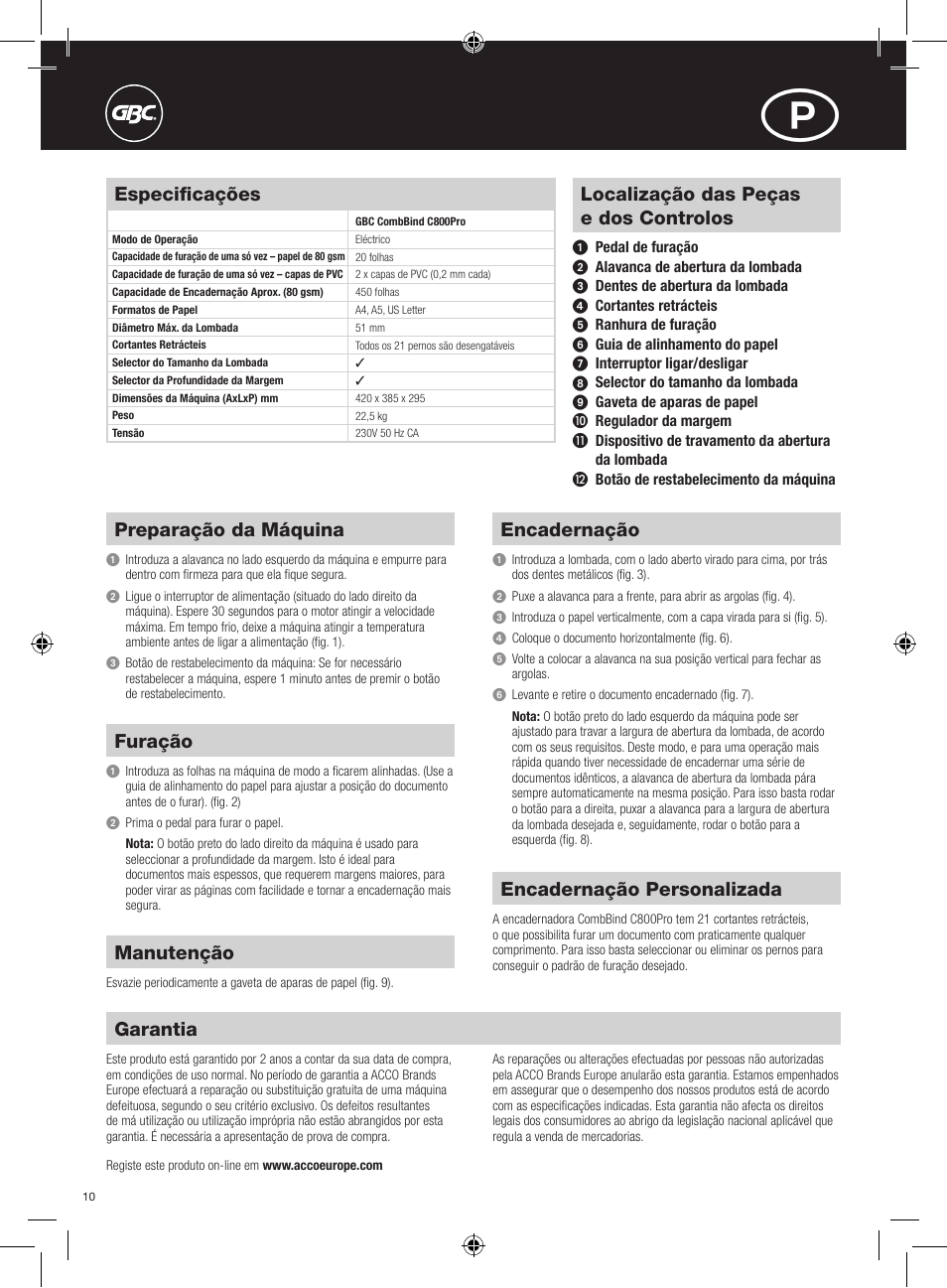 Localização das peças e dos controlos, Preparação da máquina, Furação | Encadernação, Encadernação personalizada, Manutenção, Especificações, Garantia | GBC C800Pro CombBind User Manual | Page 10 / 22