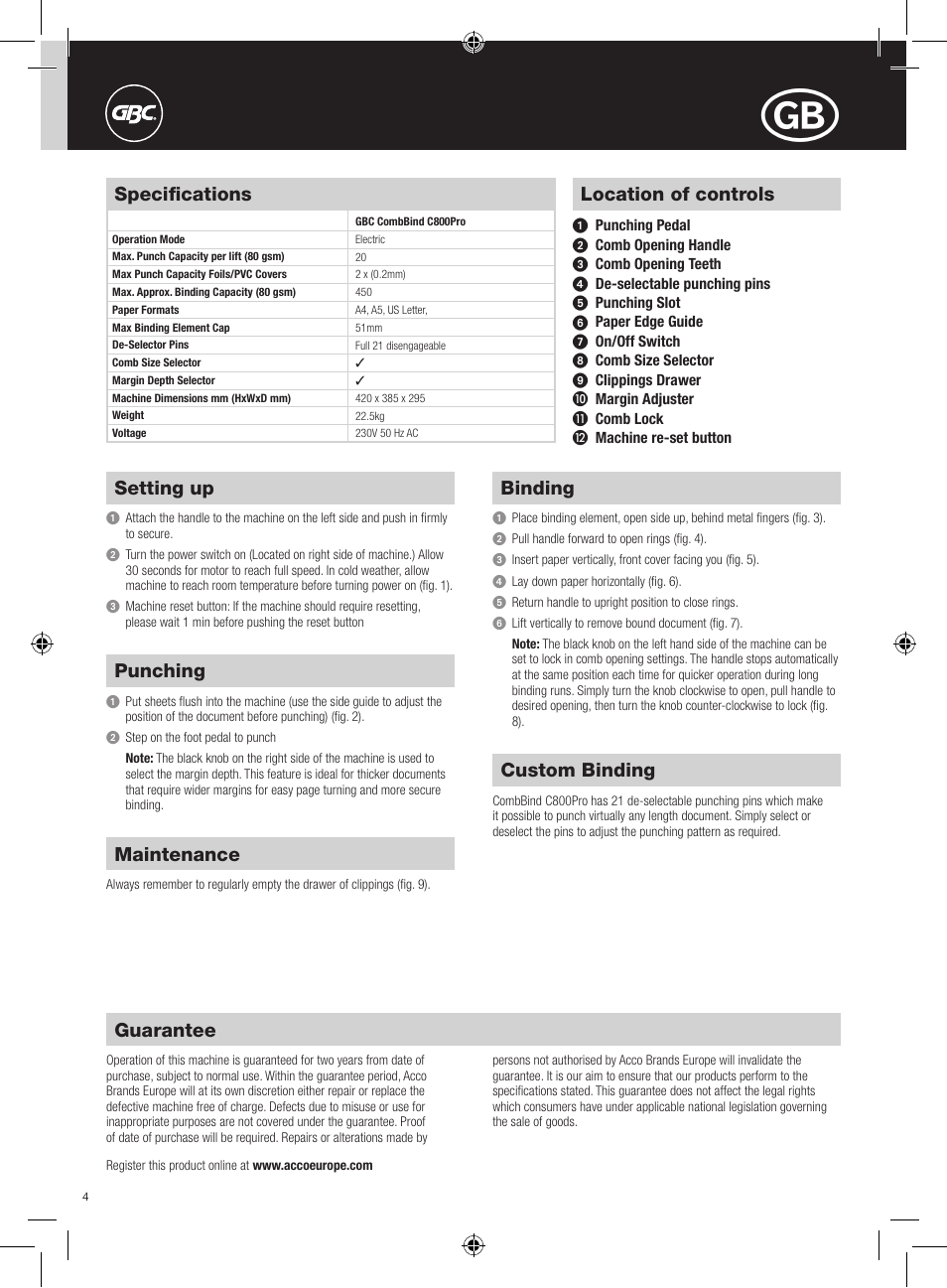 Location of controls, Setting up, Punching | Binding, Custom binding, Maintenance, Guarantee, Specifications | GBC C800Pro CombBind User Manual | Page 4 / 22