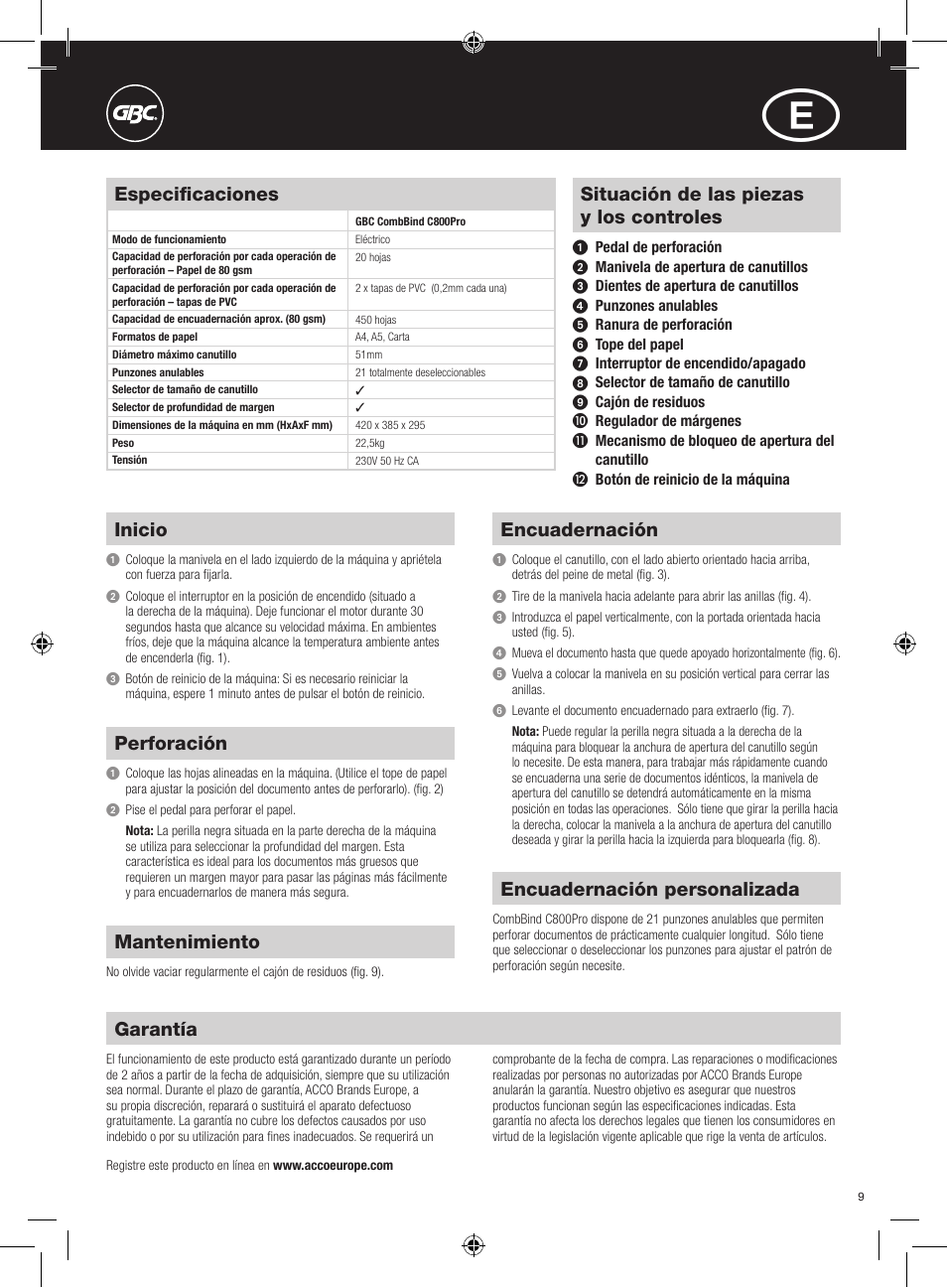 Situación de las piezas y los controles, Inicio, Perforación | Encuadernación, Encuadernación personalizada, Mantenimiento, Especificaciones, Garantía | GBC C800Pro CombBind User Manual | Page 9 / 22