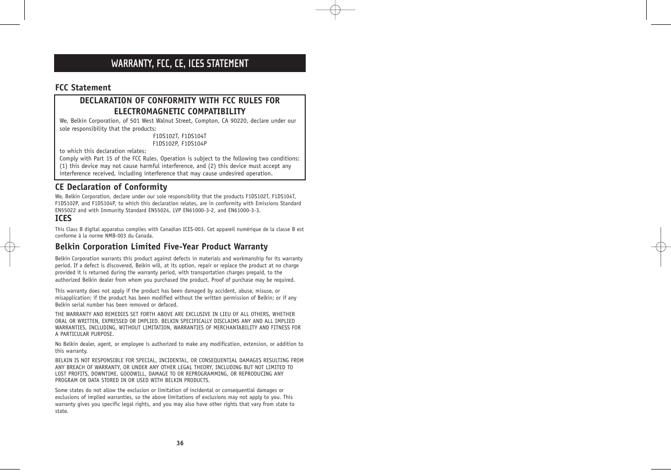 Warranty, fcc, ce, ices statement | Belkin F1DS102P User Manual | Page 20 / 20