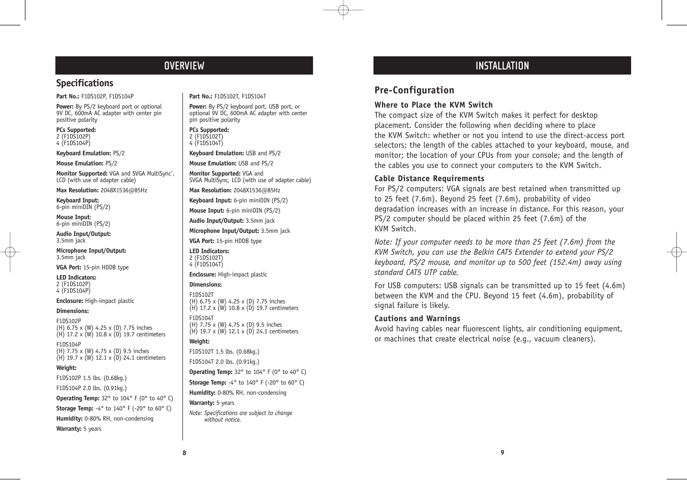 Overview, Installation, Pre-configuration | Specifications | Belkin F1DS102P User Manual | Page 6 / 20
