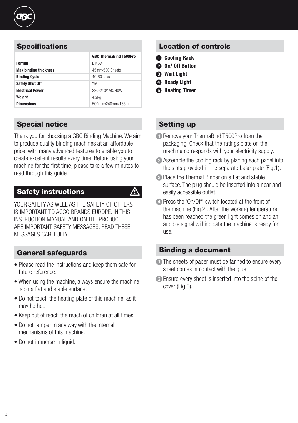 GBC T500Pro Thermal Bind User Manual | Page 4 / 38