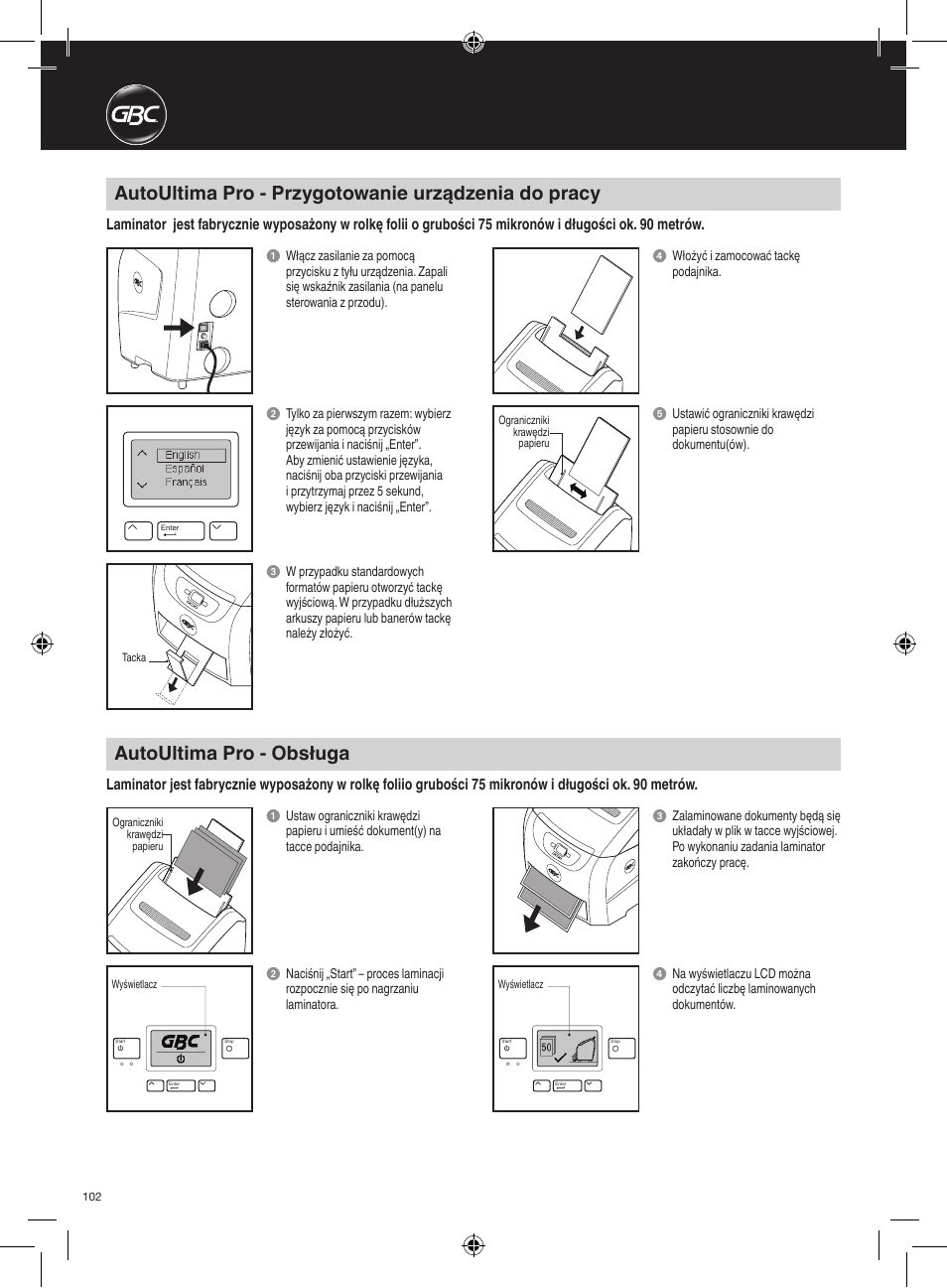 Autoultima pro - przygotowanie urządzenia do pracy, Autoultima pro - obsługa | GBC AutoUltima Pro HiRes User Manual | Page 102 / 150