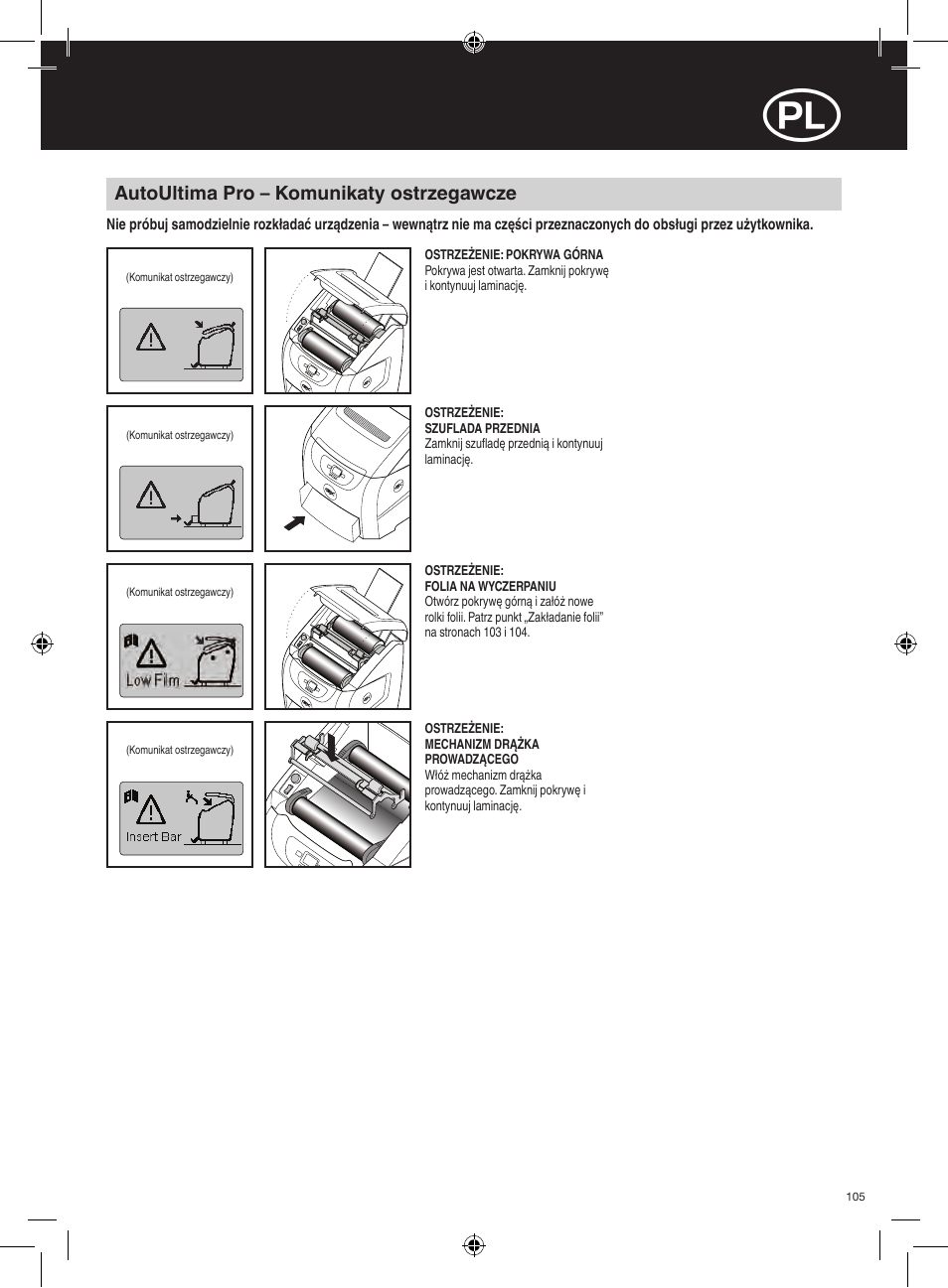 Autoultima pro – komunikaty ostrzegawcze | GBC AutoUltima Pro HiRes User Manual | Page 105 / 150