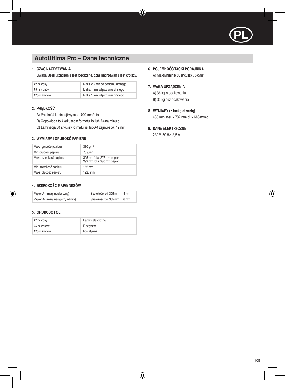 Autoultima pro – dane techniczne | GBC AutoUltima Pro HiRes User Manual | Page 109 / 150