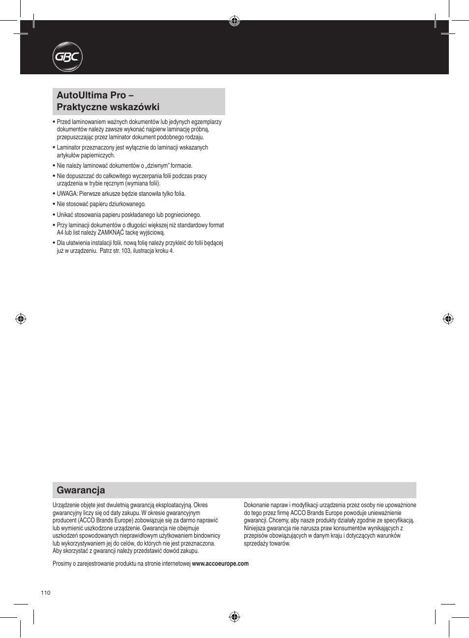 Autoultima pro – praktyczne wskazówki, Gwarancja | GBC AutoUltima Pro HiRes User Manual | Page 110 / 150