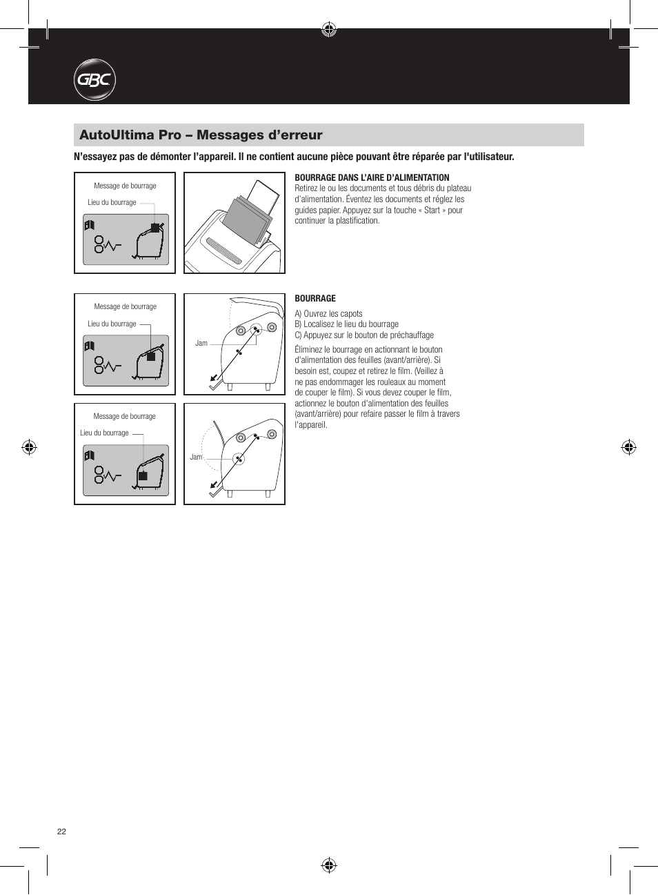 Autoultima pro – messages d’erreur | GBC AutoUltima Pro HiRes User Manual | Page 22 / 150