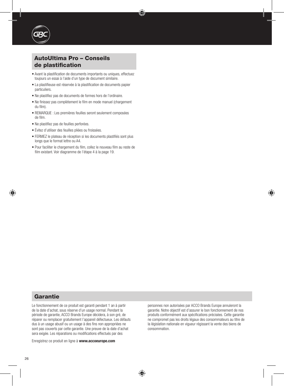Garantie, Autoultima pro – conseils de plastification | GBC AutoUltima Pro HiRes User Manual | Page 26 / 150
