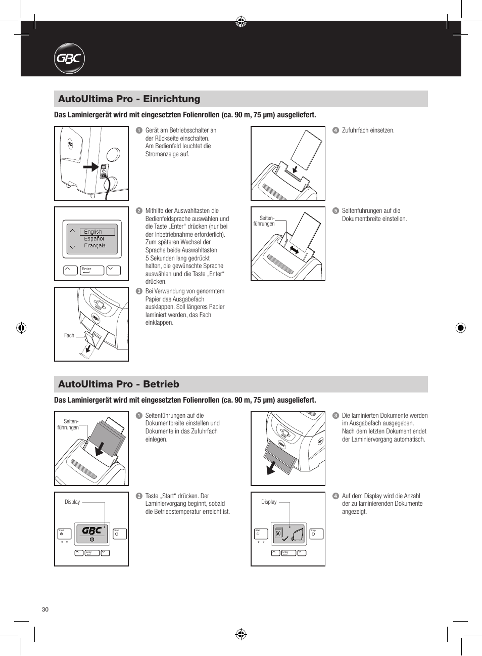 Autoultima pro - einrichtung, Autoultima pro - betrieb | GBC AutoUltima Pro HiRes User Manual | Page 30 / 150