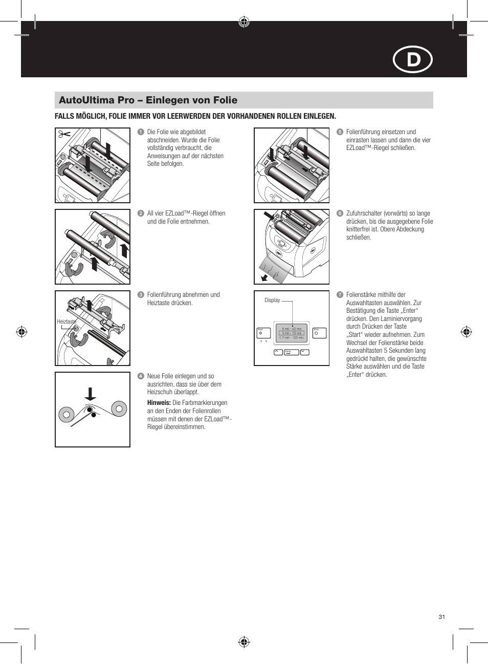 Autoultima pro – einlegen von folie | GBC AutoUltima Pro HiRes User Manual | Page 31 / 150