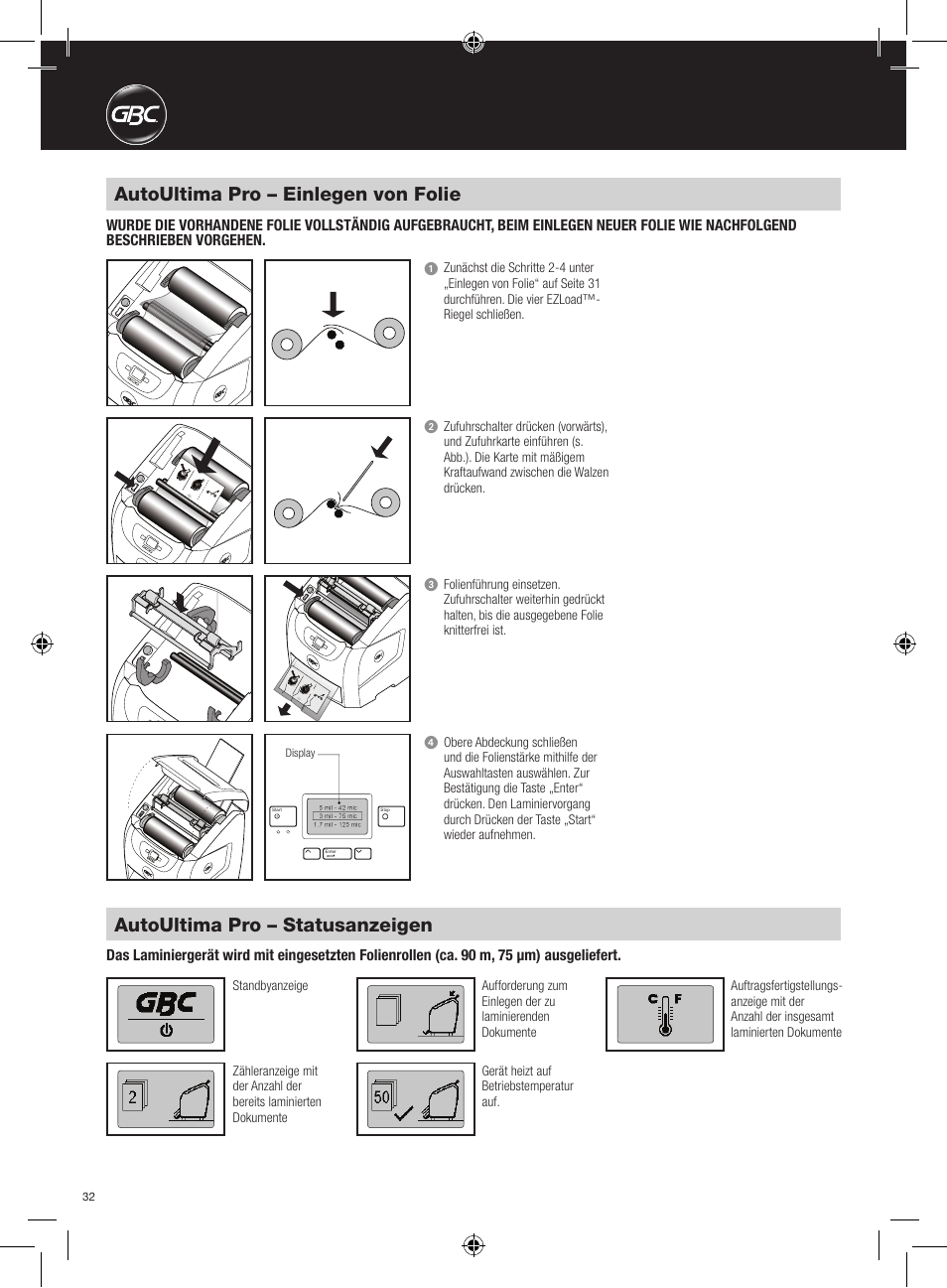Autoultima pro – einlegen von folie, Autoultima pro – statusanzeigen | GBC AutoUltima Pro HiRes User Manual | Page 32 / 150