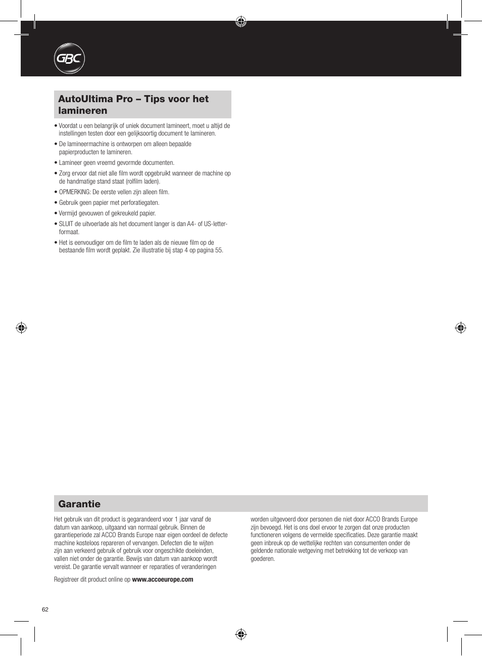 Autoultima pro – tips voor het lamineren, Garantie | GBC AutoUltima Pro HiRes User Manual | Page 62 / 150
