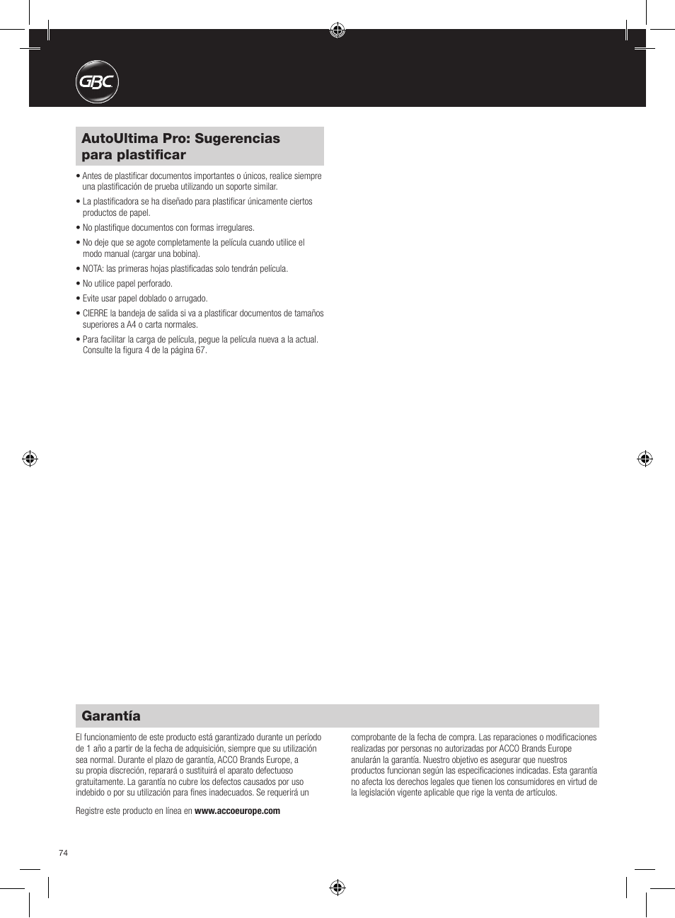 Autoultima pro: sugerencias para plastificar, Garantía | GBC AutoUltima Pro HiRes User Manual | Page 74 / 150